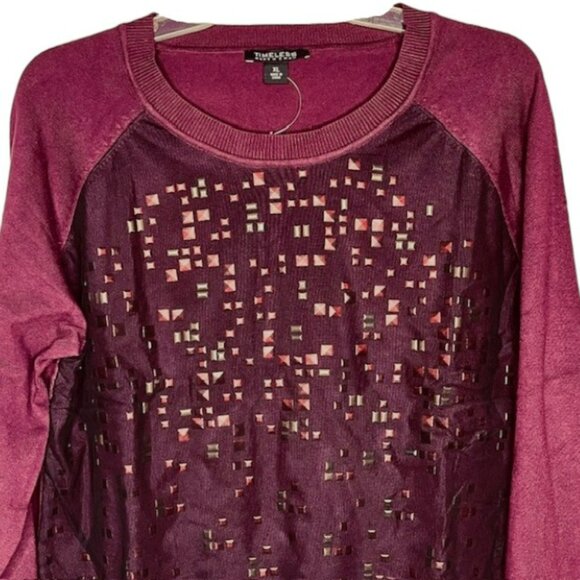 Naeem Khan Timeless Long Sleeve Sweater w/ Pyramid Studs & Mesh - Maroon - XL - Picture 2 of 7